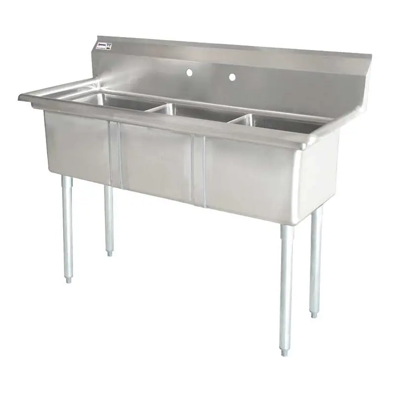 18" × 21" × 14" Three-Tub Sink – Center 3.5" Drain, No Drainboard, Omcan 43776 1