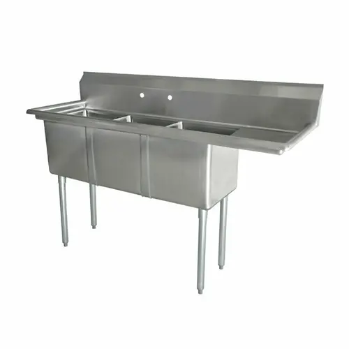 24" × 24" × 14" Three-Tub Sink – Center 3.5" Drain + Right Drainboard, Stainless Steel, Omcan 43788 1