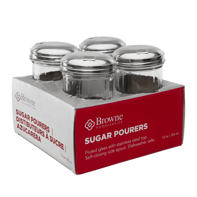Browne 12-Ounce Side-Flap Sugar Pourer – Set Of 4 (355Ml Glass, Stainless Steel Top) | Model 575228 | Denson Cfe 1
