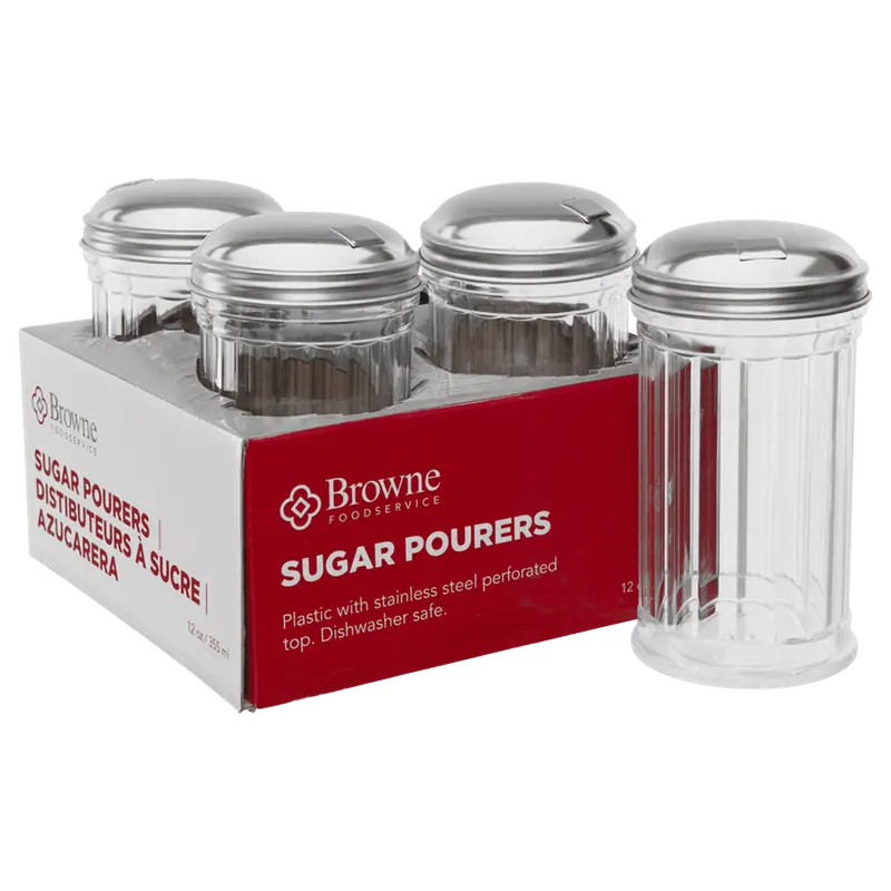Browne 12-Ounce Side-Flap Sugar Pourer – Set Of 4 (355Ml Plastic, Stainless Steel Top) | Model 575231 | Denson Cfe 1