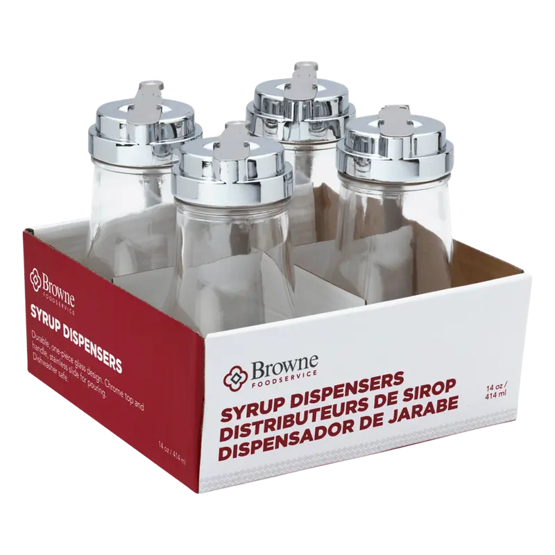 Browne 14-Ounce Flat-Top Syrup Dispenser – Set Of 4 (414Ml Glass, Stainless Steel Top) | Model 575229 | Denson Cfe 1