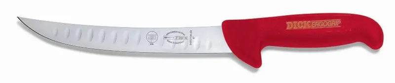 F.Dick Ergogrip Curved Butcher Knife Featuring Kullenschliff – 8.5" Red Handle | Denson Cfe 1