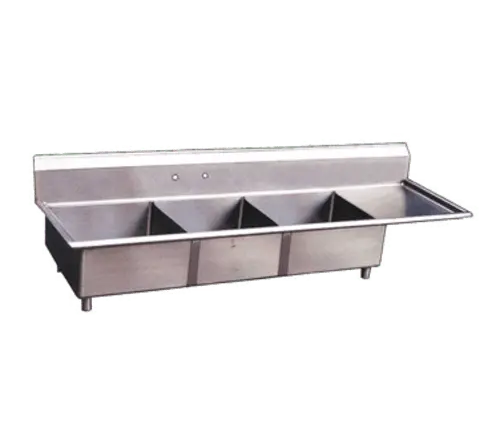 Omcan 22116 Three-Tub Sink – 18" X 18" X 11", Corner Drain & Right Drainboard | Denson Cfe 1