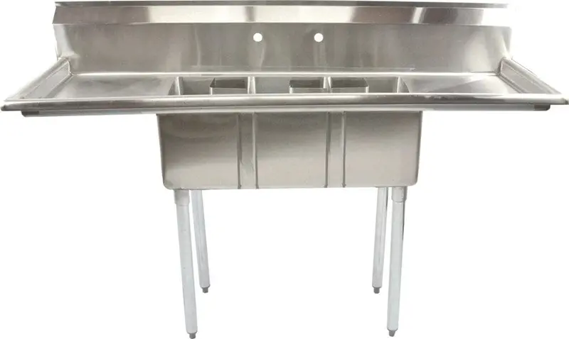 Omcan 25273 Triple-Tub Sink With Dual Corner Drains — 18" × 21" × 14" Stainless Steel Drain Boards | Denson Cfe 1