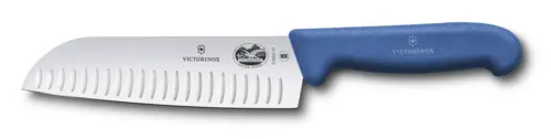 Victorinox Fibrox Pro Santoku Knife – 7″ Blade, Ergonomic Handle, Blue Handle Accent | Denson Cfe 1