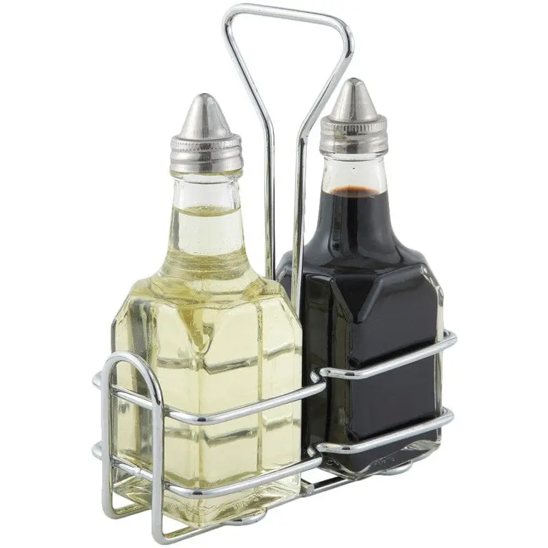 Winco G-104S Square Oil & Vinegar Cruet Set With Chrome Stand And Airtight Lids 1