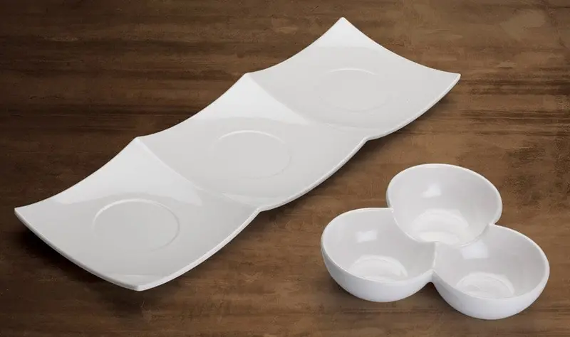Winco Wdm006-201 Akila White Melamine Trio Plate – 16.375" X 5.5", Rectangular | Denson Cfe 1