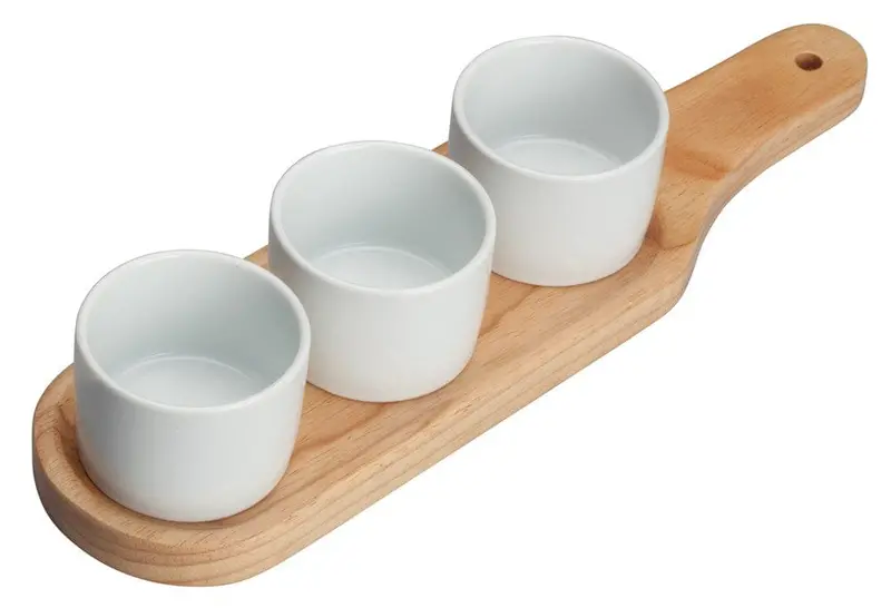Winco Wdp015-103 Trio Bowl Set With Wooden Serving Board – Bright White Porcelain | Denson Cfe 1
